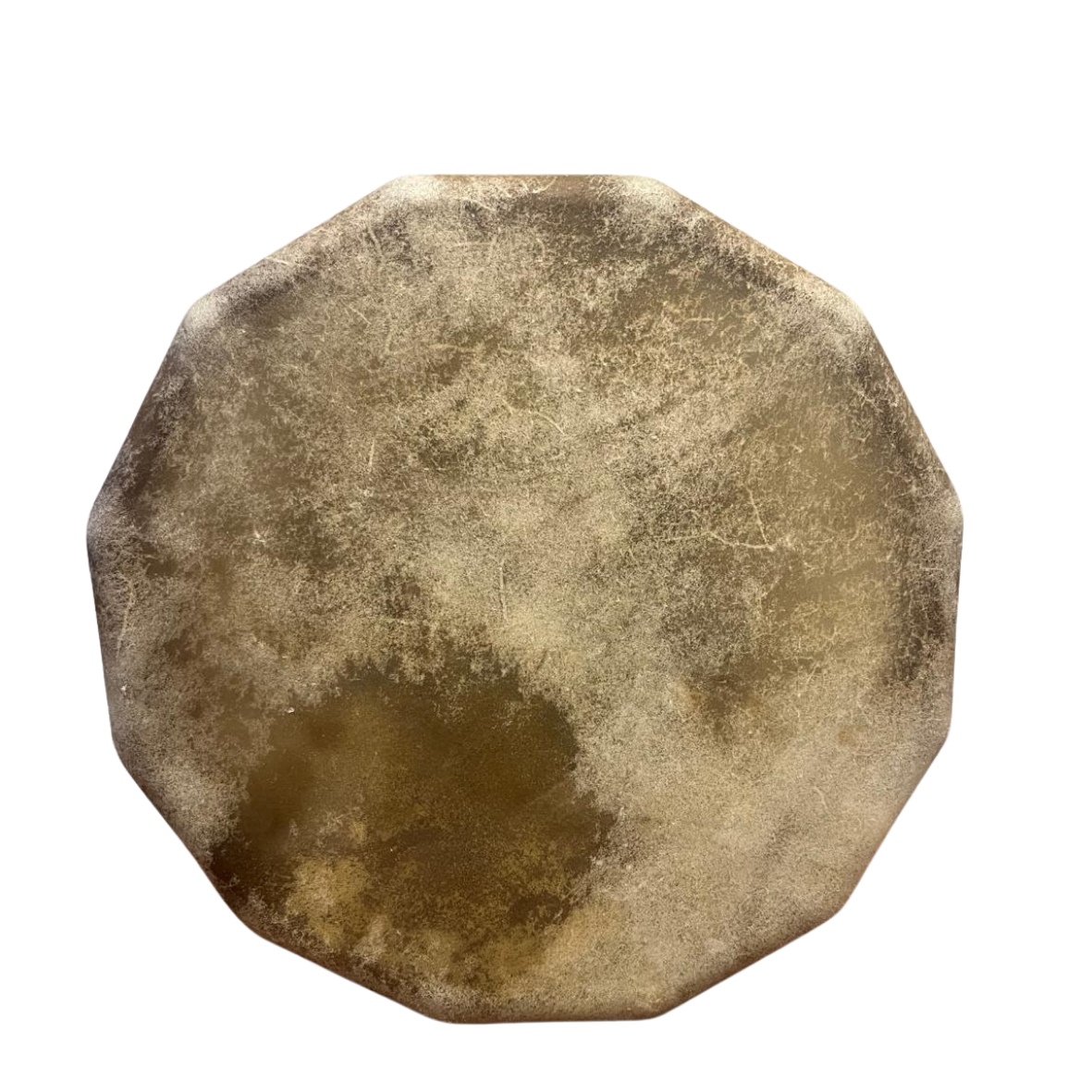 Tambour chamanique de 40 cm x 40 cm en peau de taureau épilée.