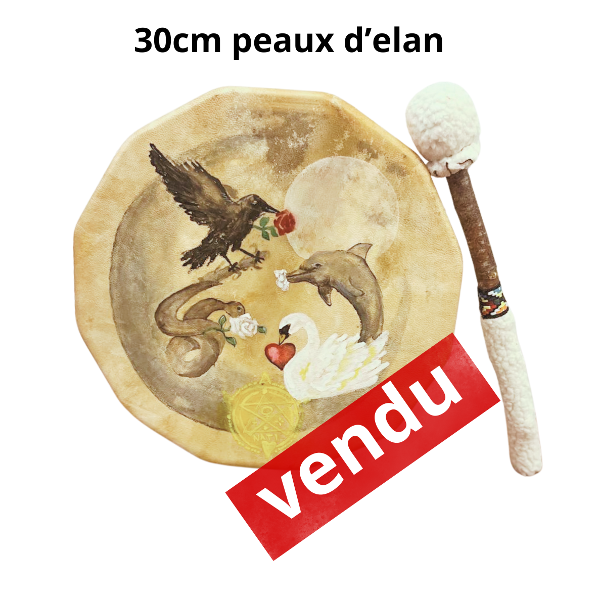Tambour chamanique de 30 cm en peau de d'elan